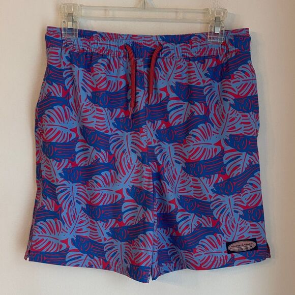 Vineyard Vines Tropical Leaf Fish red blue boy Swim Trunks board shorts large/16 - Picture 1 of 11